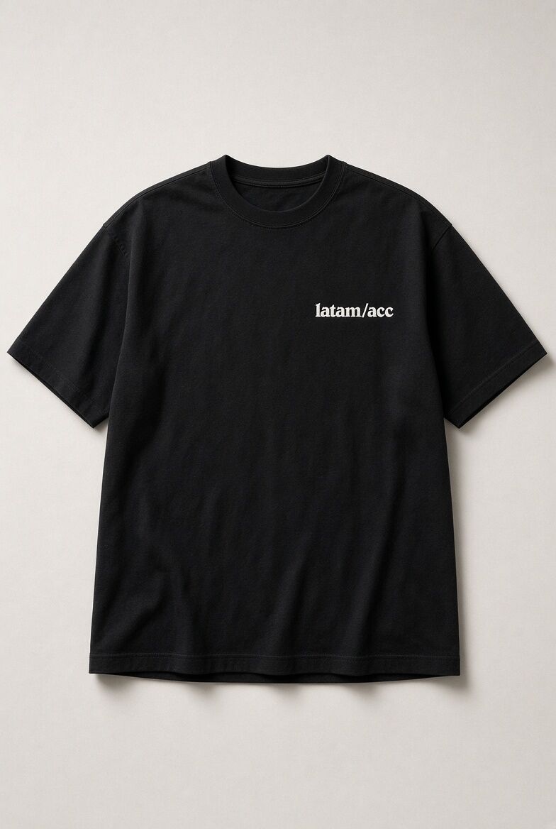 Black latam/acc t-shirt with a white wordmark on the chest